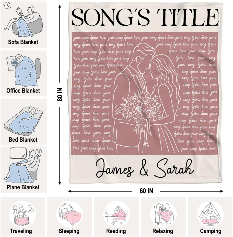 Personalized Song Lyrics Blanket Custom Couple Gift with Names, Favorite Song & Photo Romantic Line Art Style Throw for Him or Her Anniversary or Valentine s Gift for Husband or Wife