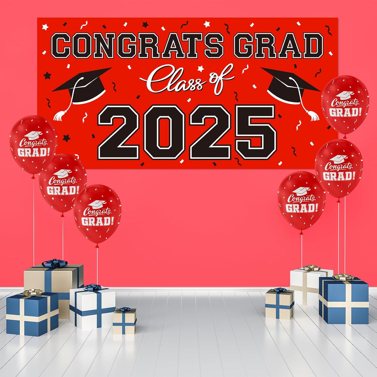 2025 Graduation Party Plastic Backdrop - Congrats Grad Banner in Red, Large Class of 2025 Decorations, Photography & Grad Party Supplies