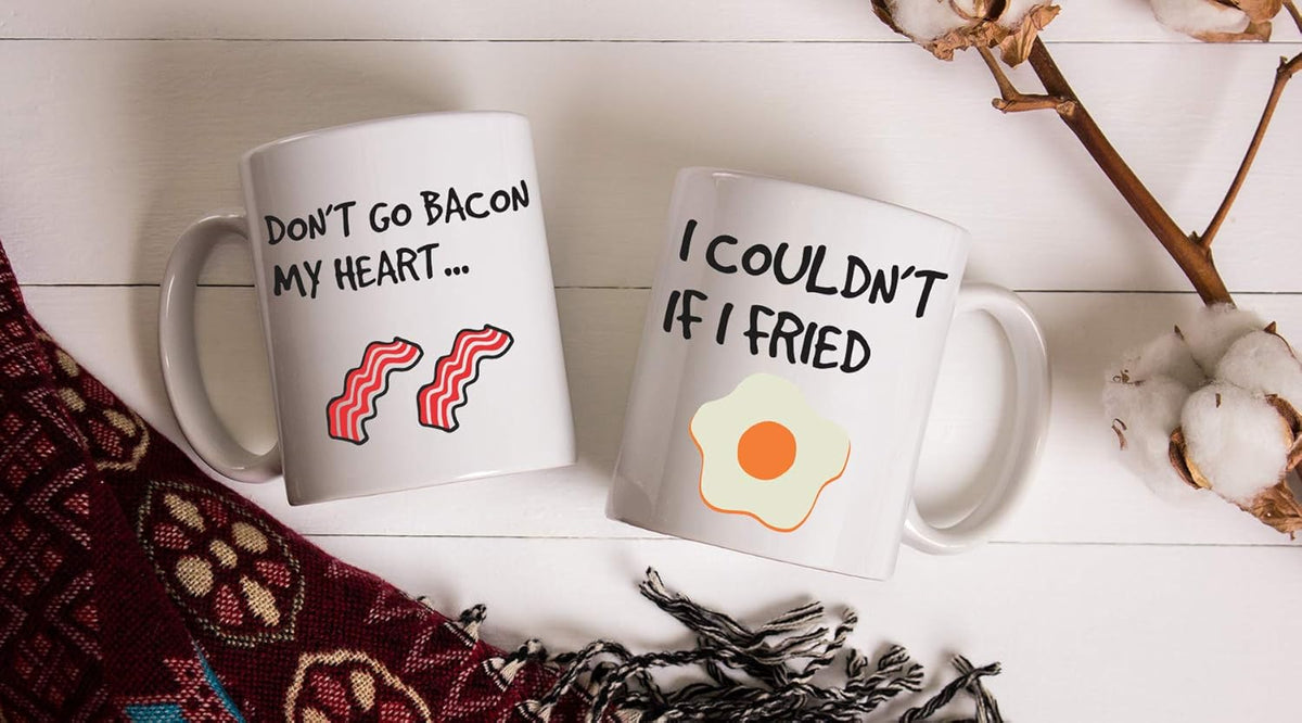 Don't Go Bacon My Heart, I Couldn't If I Fried - Mug Couples Sets - Funny His & Her Gifts - Husband and Wife Anniversary Presents - Wedding or Engagement Gift