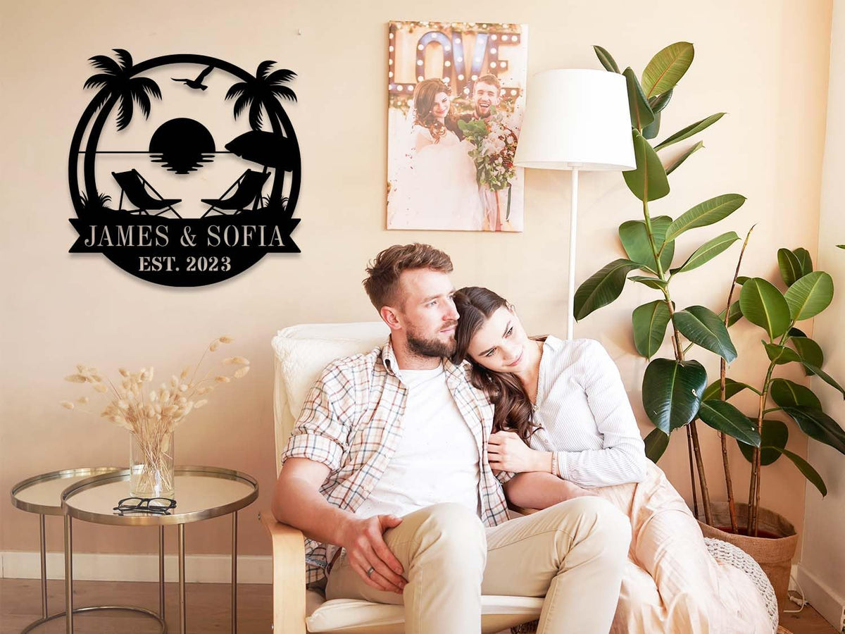 Personalized Beach Metal Monogram Sign, Custom Palm Trees Metal Couple Names Sign, Outdoor Metal Family Name Sign, Custom Couple Names Sign, Beach Coastal House Decor