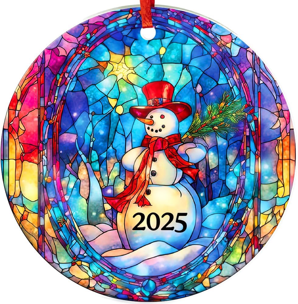 Christmas Ornaments 2025, Exchange for Women, Men, Collectible Dated Year Ornaments for Tree, Unique Acrylic Suncatcher, Printed Stained Glass Effect Decor