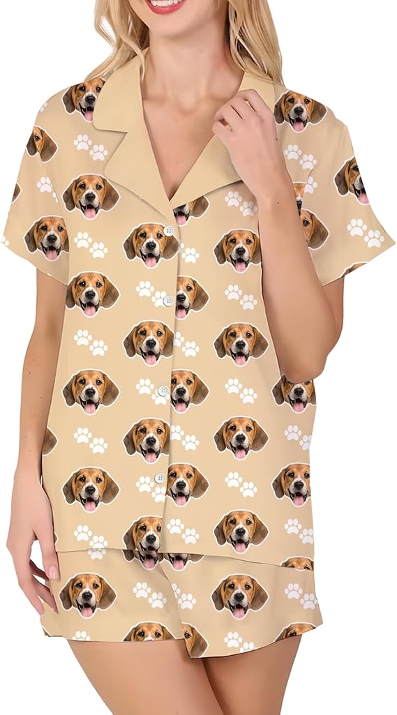 Personalized Women Pajamas Set with Photo, Custom Pet Face Button Down Pajamas Lounge, Gifts for Wife Girlfriend Mom