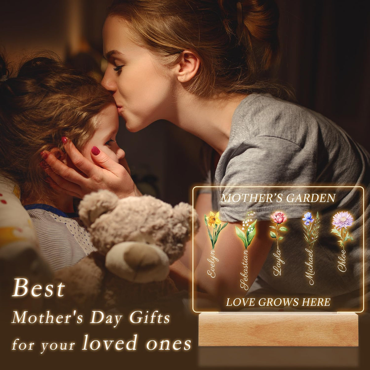 Personalized Birth Month Flower Plaque with Night Light, Mothers Day Birthday Gifts For Mom From Daughter Son with Name, Custom Mothers Garden Acrylic LED Gifts for Grandma Wife From Grandkids