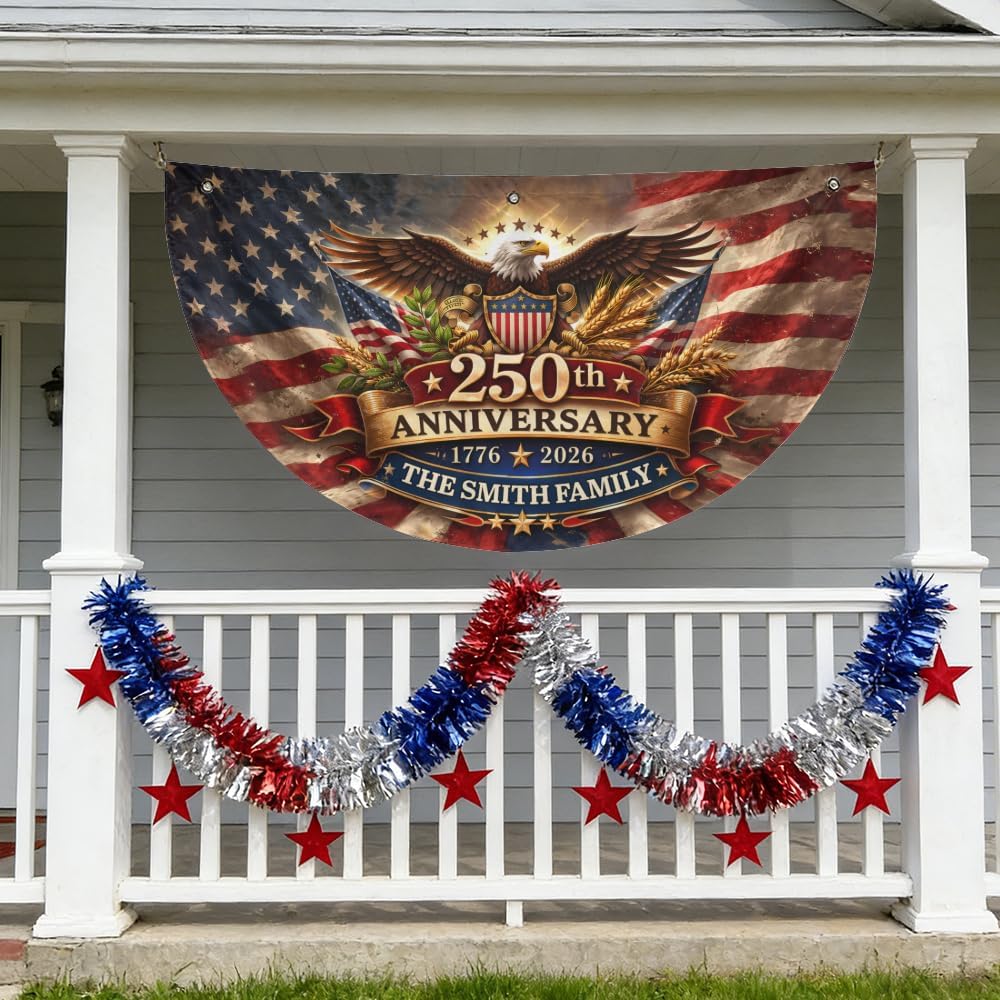 Personalized USA 250th Anniversary Bunting Flag 1776-2026, Patriotic Non-Pleated Fan Flag with Custom Family Name, 4th of July Independent Day America Porch/Fence/Wall/Outdoor Decoration