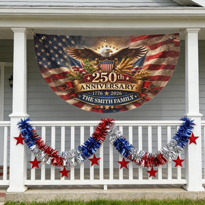 Personalized USA 250th Anniversary Bunting Flag 1776-2026, Patriotic Non-Pleated Fan Flag with Custom Family Name, 4th of July Independent Day America Porch/Fence/Wall/Outdoor Decoration