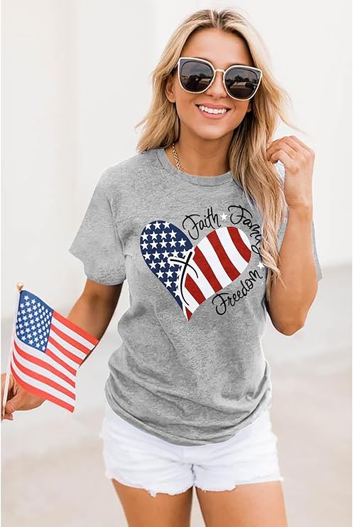 4th of July Shirts Women Faith Family Freedom Tshirt American Flag T Shirts Star Stripes Patriotic Shirts Top