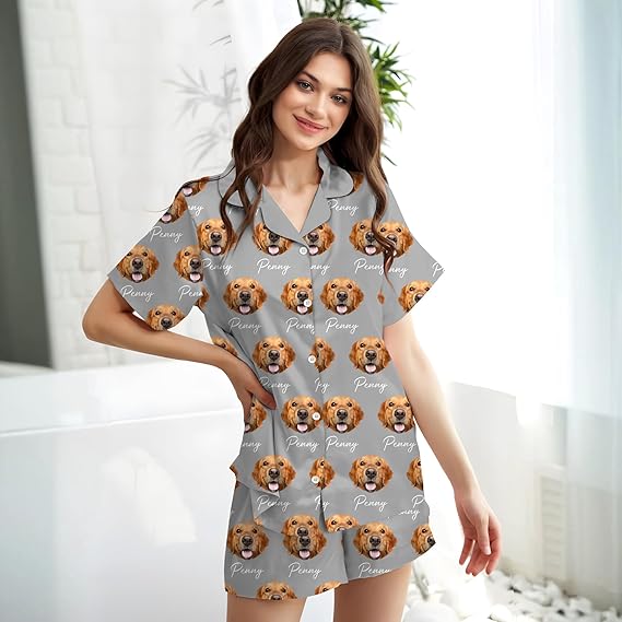 Personalized Women Pajamas Set with Photo, Custom Pet Face Button Down Pajamas Lounge, Gifts for Wife Girlfriend Mom
