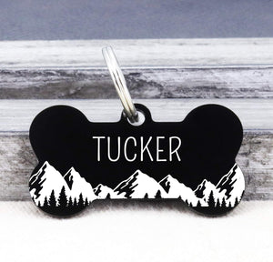 Stainless Steel Pet ID Tag Dog Name Tags Personalized Front and Back Engraving, Customized Dog Tags and Cat Tag, Optional Engraved on Both Sides, Bone Tag with Mountain Design, Large