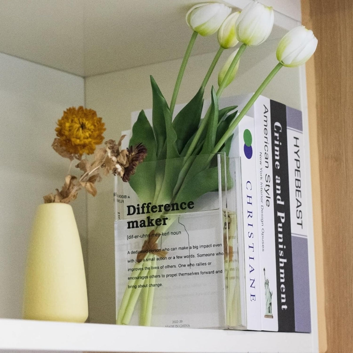 Clear Acrylic Book Vase for Flowers, Transparent Flower Vase for Home Decor, Simplicity Bookshelf Decor, Unique Stuff for Book Lovers, Difference Maker, Gift to Motivate