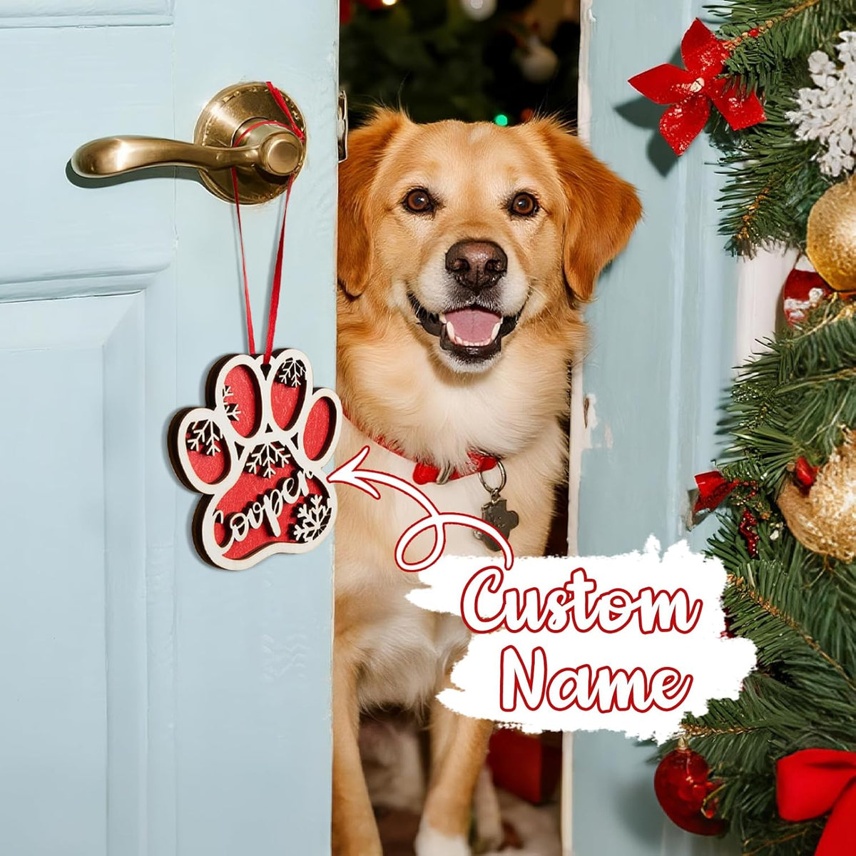 Personalized Pet Paw Ornament, Wooden 2 Layer Christmas Ornament with Name, Gift for Dog Lover or Pet Memorial Keepsake, Pet Name Christmas, Winter Snowflake Wooden Holiday Decor