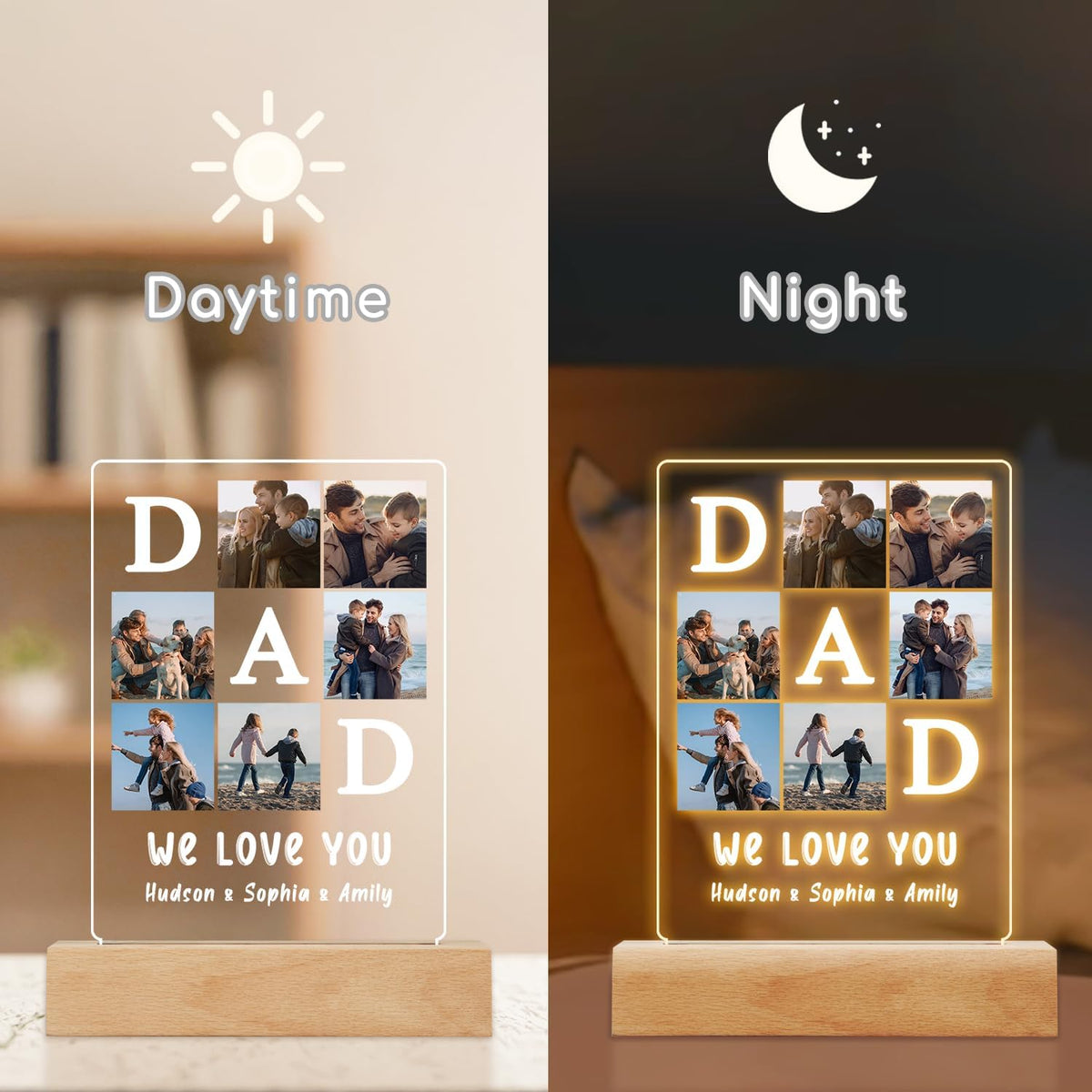 Personalized DAD Plaque with Night Light, Father's Day Birthday Gifts For Dad From Daughter Son, Custom Acrylic LED Gifts with photo for Grandpa Husband From Wife, Picture Frame for Men