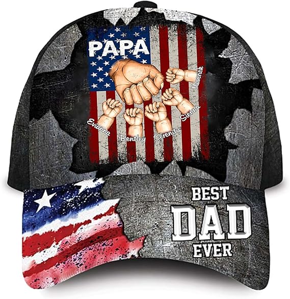 Fist Bump Flag Best Dad Ever Cap - Personalized Men Cap Gifts for Father's Day, Birthday Gift for Dad Grandpa Papa, Best Dad Ever Hat Custom Nickname and Kid's Names