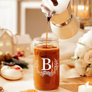 Personalized Gifts for Women, Monogrammed 16oz Glass Cups with Bamboo Lids and Straws, Customized Glass Tumbler, Cute Custom Mug, Customizable Initial Iced Coffee Glasses, Birthday Bridesmaid Mom