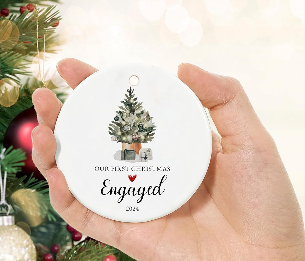 Our First Christmas Engaged Ornament 2024,Just Engaged Gifts for Couple, Ceramic Keepsake Engagement Ornaments 2024
