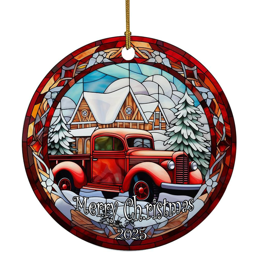 Red Truck Farmhouse Ornament, Stained Ceramic Christmas Ornament, Red Vintage Truck Ornament, Stained Glass Themed Ceramic Christmas Ornament