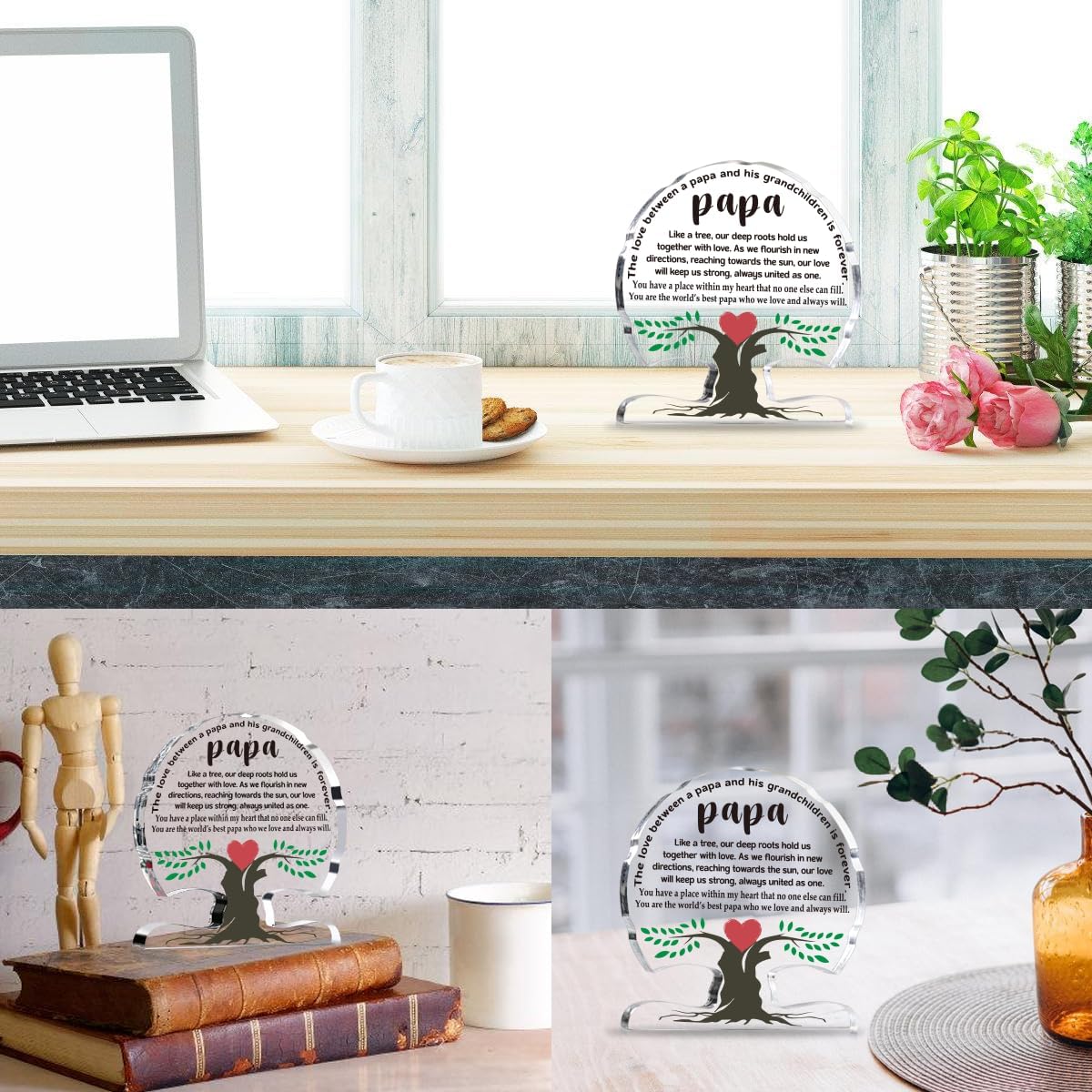 Fathers Day Papa Gift from Grandchildren, Birthday Gifts for Papa Grandfather, Appreciation Thank You Grandpa Papas Acrylic Tree Desk Signs Plaque Home Office Decor