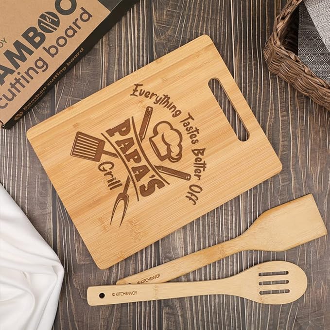 Dad Cutting Board - Everything Tastes Better Off Papa - Engraved Bamboo Cooking Board Gift for Papa, Stepfather, Godfather