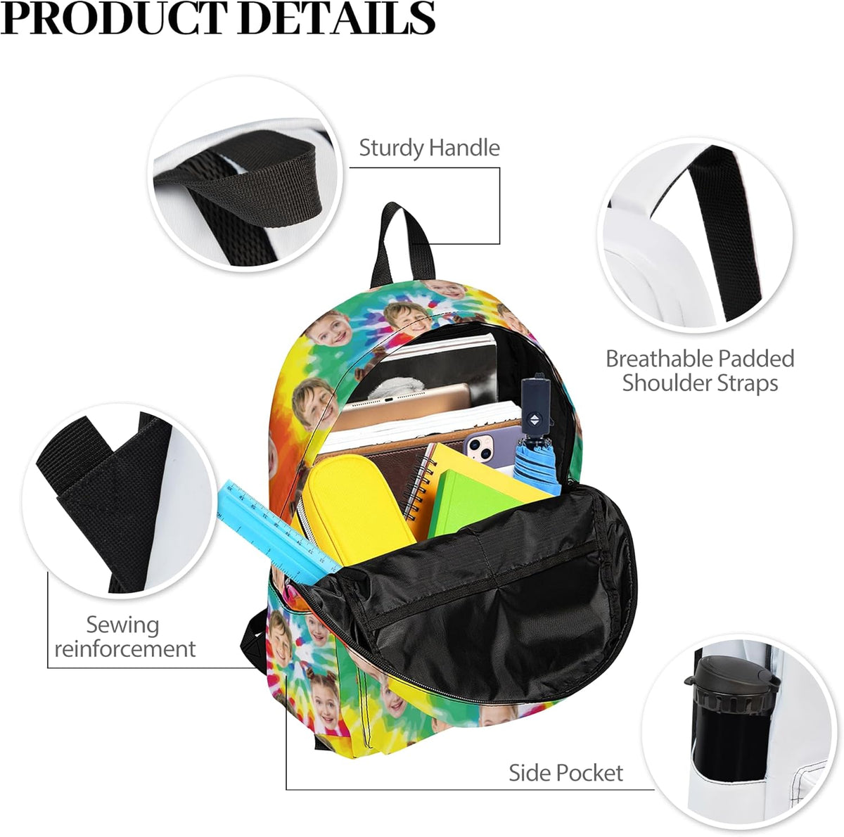 Custom Backpack with Face, Personalized Face School Bag for Boys Girls Men Women, Customized Faces Casual Laptop Backpacks with Adjustable Shoulder Strap for School Work Travel Camping