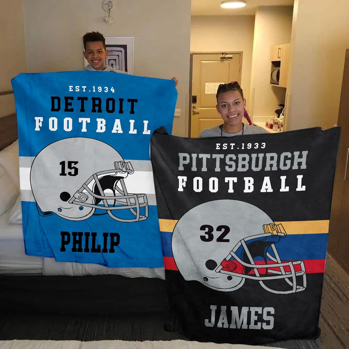 Custom Football Blanket Personalized with Name City and Helmet Number Soft Flannel Football Throw Blankets Gifts for Teen Boys Athletes Fans Kids Adult