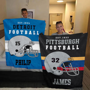 Custom Football Blanket Personalized with Name City and Helmet Number Soft Flannel Football Throw Blankets Gifts for Teen Boys Athletes Fans Kids Adult