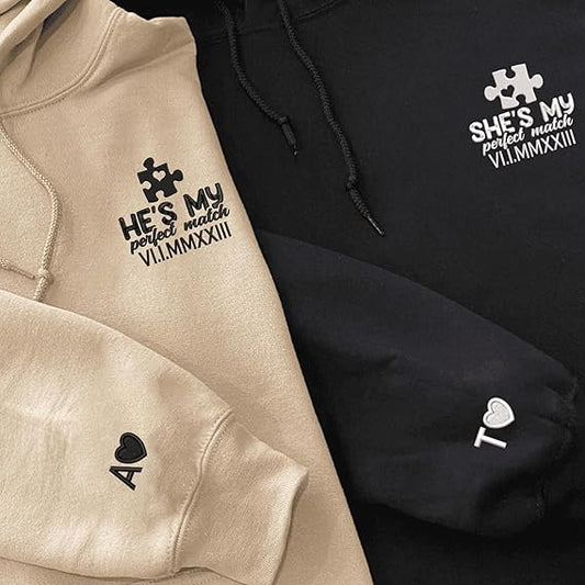 Custom Embroidered Perfect Piece and Roman Numeral Sweatshirt and Hoodie, Custom Name for Couple, Embroidered Custom Aniversary Date and Initial Hearts, Gifts for Him Her, Matching Couples