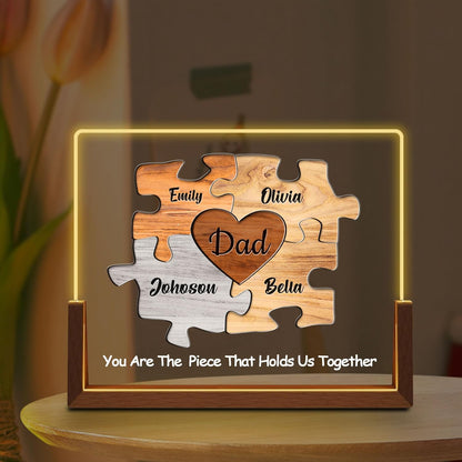 Personalized Fathers Day Ideas Gifts from Daughter Son Wife Kids, Custom Puzzle Acrylic Plaque with Name LED Light Walnut Base, Customized Christmas Birthday Gifts for Dad Husband