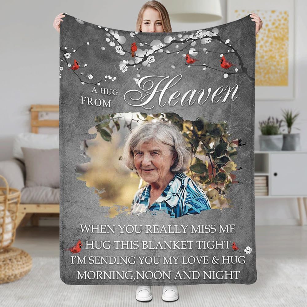 Custom Hug from Heaven Memorial Blanket with Photos for Loss of Loved One, in Loving Memory Gifts Sympathy Gift Personalized Remembrance Blanket for Loss of Dad Mom Husband Wife