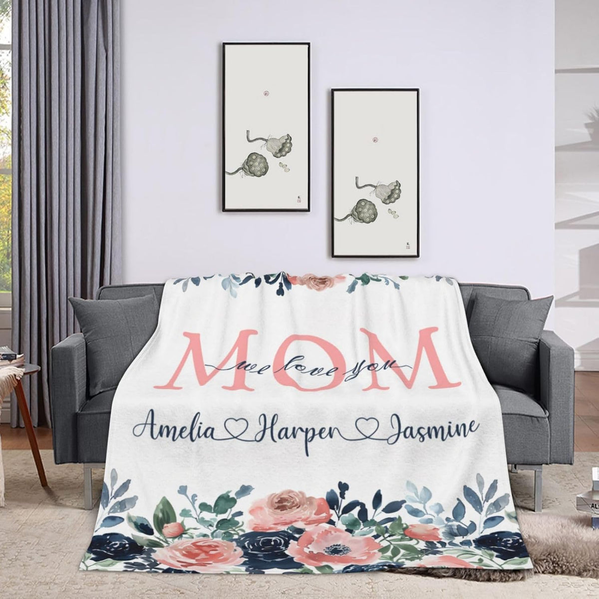 Mothers Day Birthday Gifts for Mom Personalized Blanket with Name for Grandma Mom's Garden Birthday Gift for Grandmother Mom Nana Gigi Mimi Mommy (Blue)
