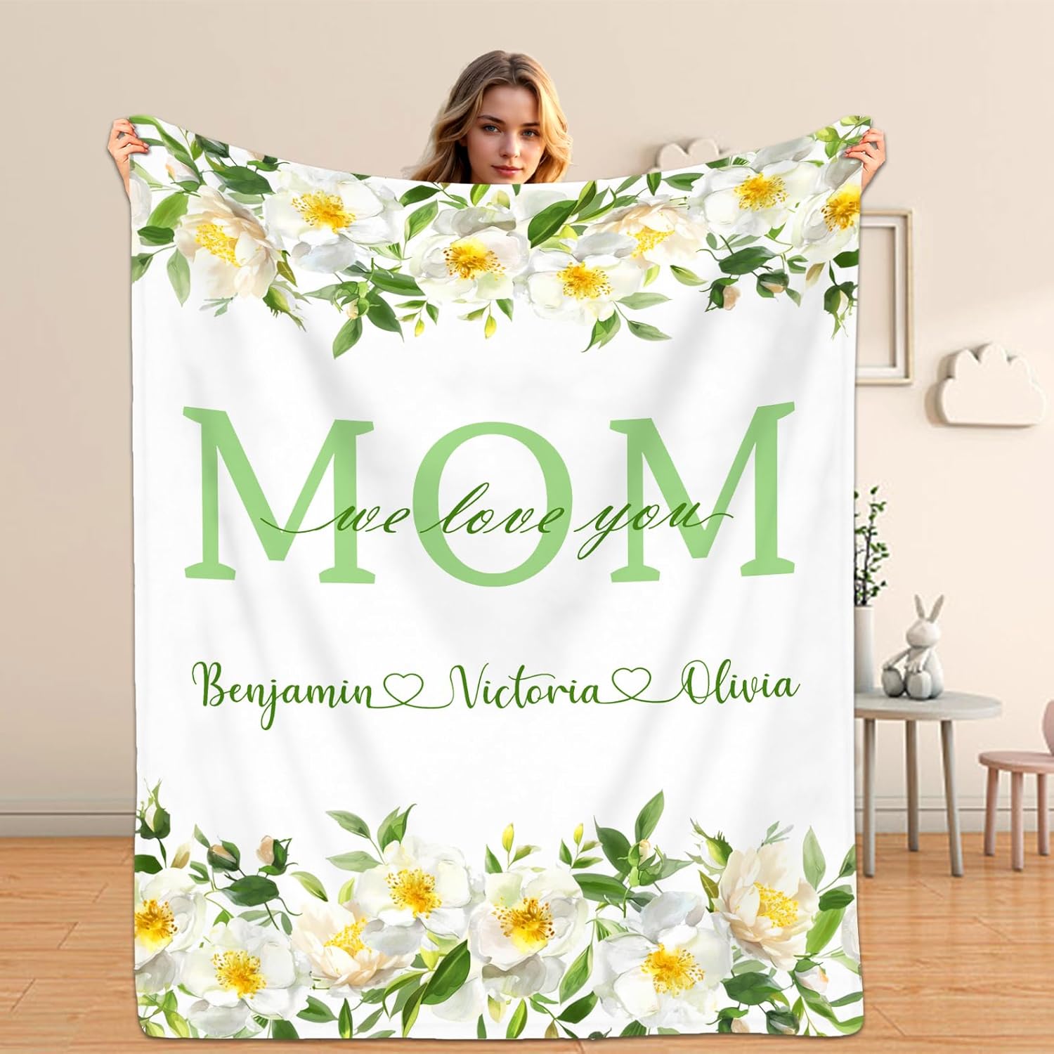 Mothers Day Birthday Gifts for Mom Personalized Blanket with Name for Grandma Birthday Gift for Grandmother Mom Nana Gigi Mimi Mommy Blanket (Yellow)