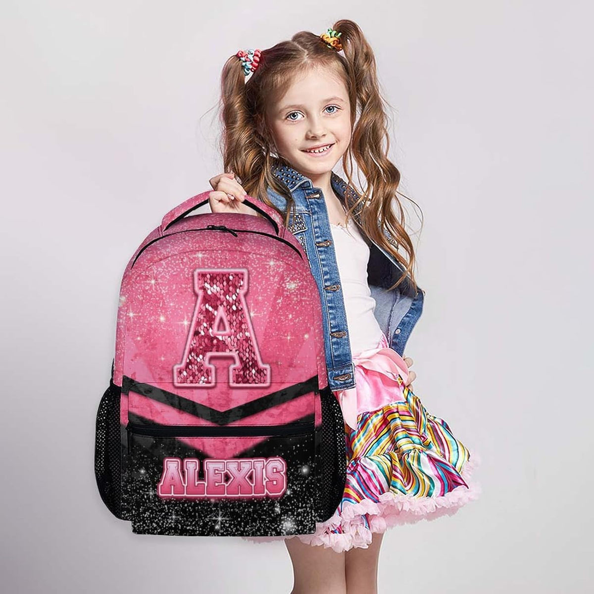 Custom School Backpack for Girls- Personalized Glitter Initial Name Backpack for Kids Kindergarten Preschool Primary - Black & Pink Student Cheerleader Bookbag for Travel Work School