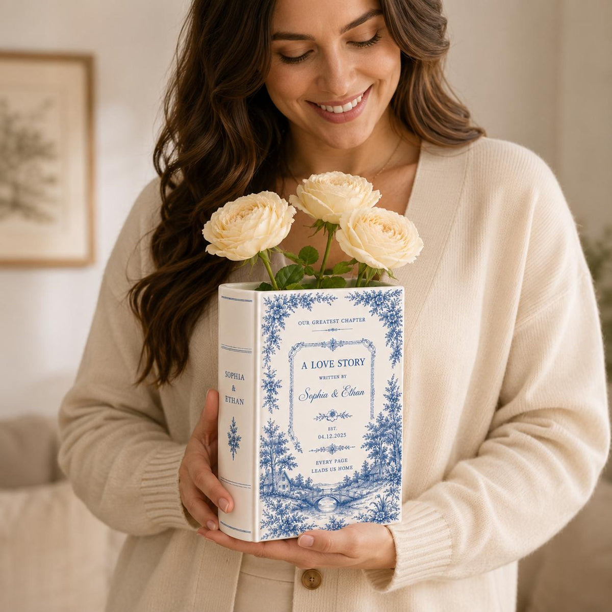 Custom Toile De Jouy Ceramic Book Vase, Personalised Wedding Gift for Couple, Bridal Shower Gift, Engagement, Wedding Gift, Bridesmaid Gift 71e19141-df47-4644-9513-112b83ed80e9-2.jpg