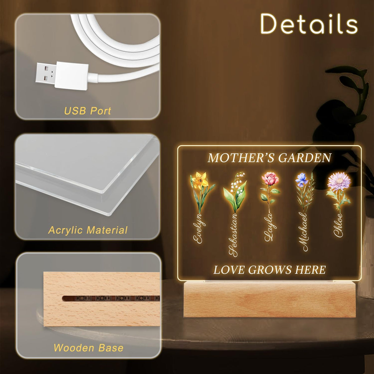 Personalized Birth Month Flower Plaque with Night Light, Mothers Day Birthday Gifts For Mom From Daughter Son with Name, Custom Mothers Garden Acrylic LED Gifts for Grandma Wife From Grandkids