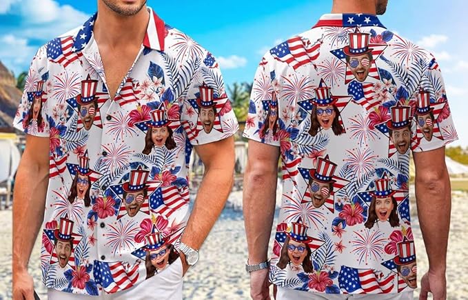 Custom Photo Patriotic Short Sleeve Hawaiian Shirt with Face, Personalized Photo Independence Day Hawaiian Shirt Funny 4th of July Mens and Womens, American Flag Shirts, Custom USA Shirts