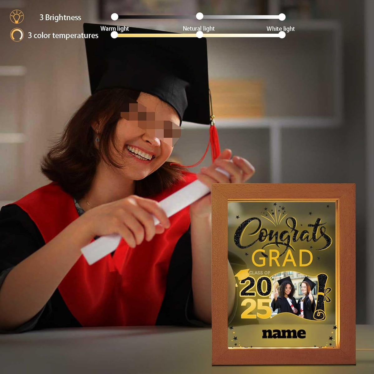 Personalized Night Light Graduation Gift with Wooden Picture Frame Customized Photo Text Congrats Grad Gift Class of 2025 Acrylic Night Lamp Gift for Graduation