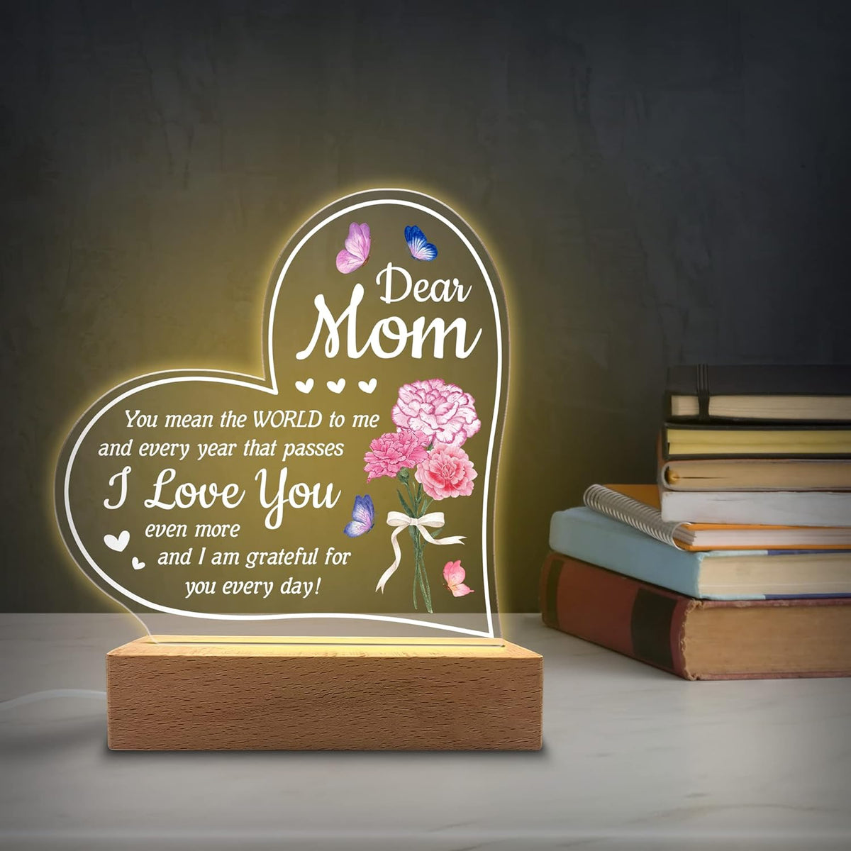 Acrylic Night Light - You Mean The World to Me - Acrylic Light Gift for Mom from Son, Daughter on Mothers Day - Birthday Gifts to Mom