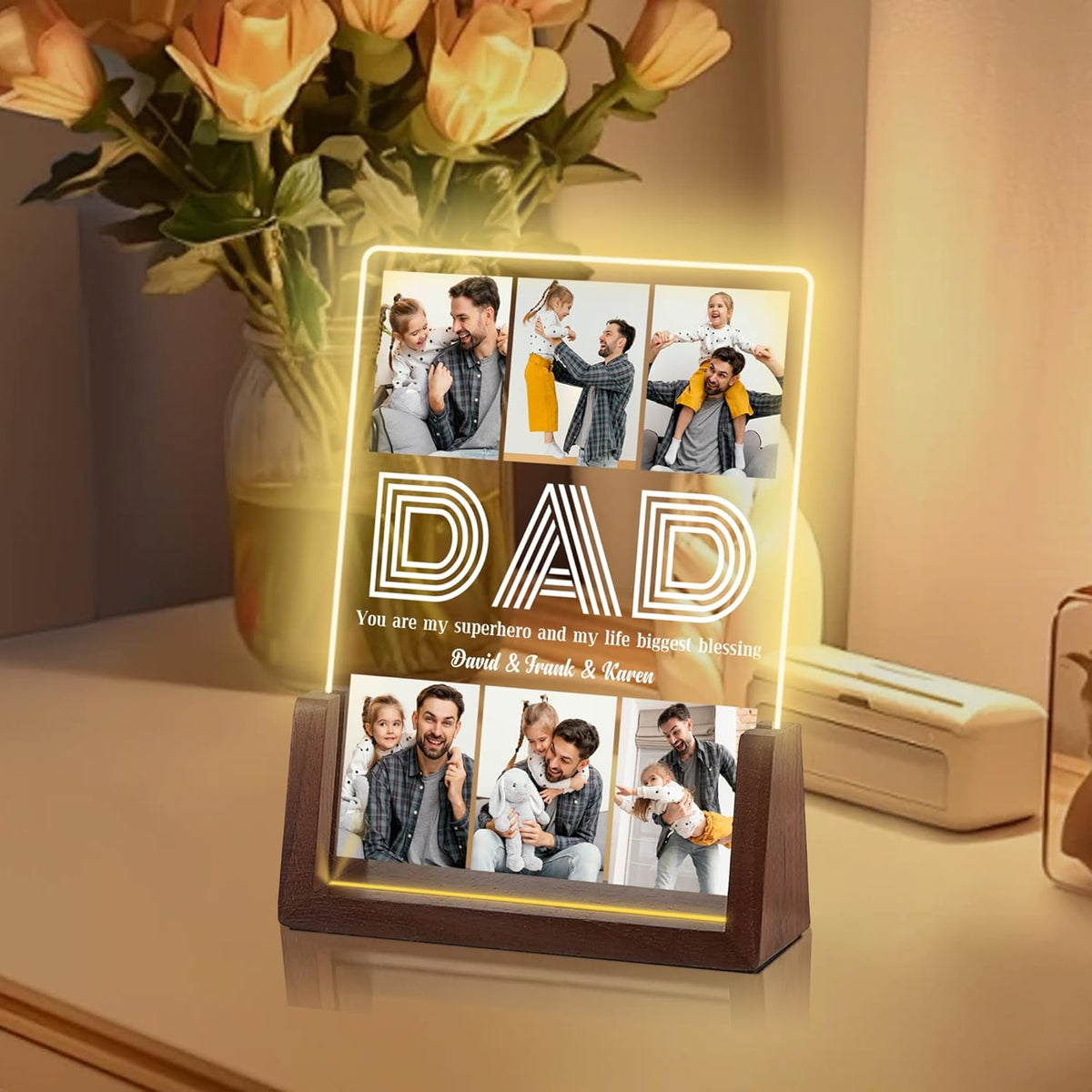 Customized Fathers Day Birthday Gifts for Dad from Daughter Son, Custom Acrylic Plaque Picture Frame with Photos, Anniversary Unique Gifts for Dad Papa, Personalized Dad Gifts for Husband from Wife