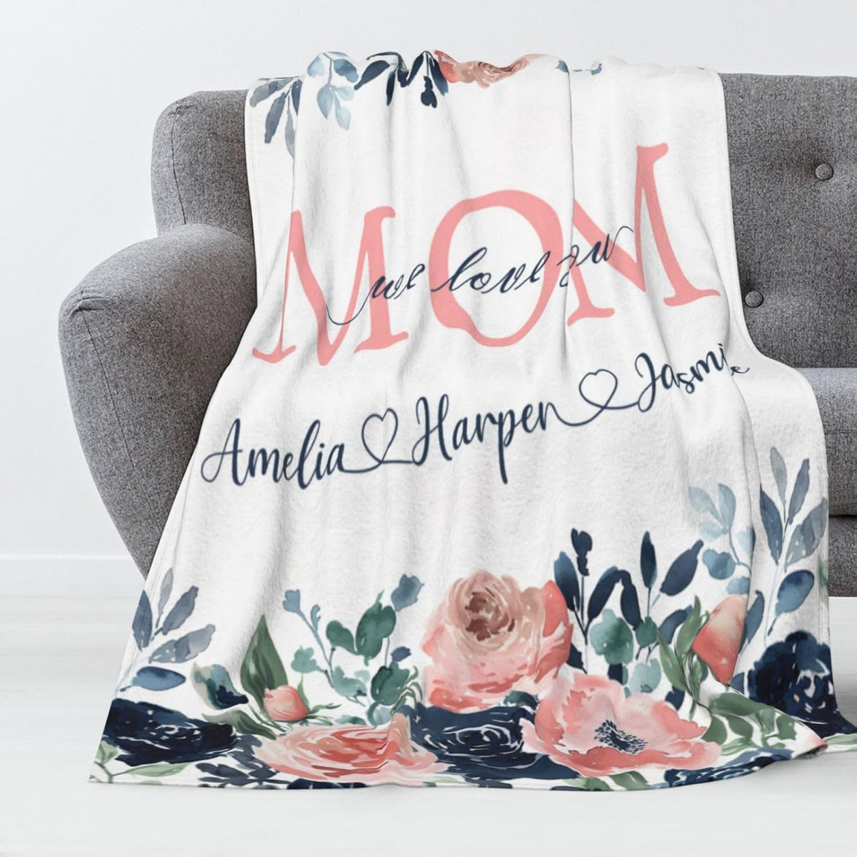Mothers Day Birthday Gifts for Mom Personalized Blanket with Name for Grandma Mom's Garden Birthday Gift for Grandmother Mom Nana Gigi Mimi Mommy (Blue)