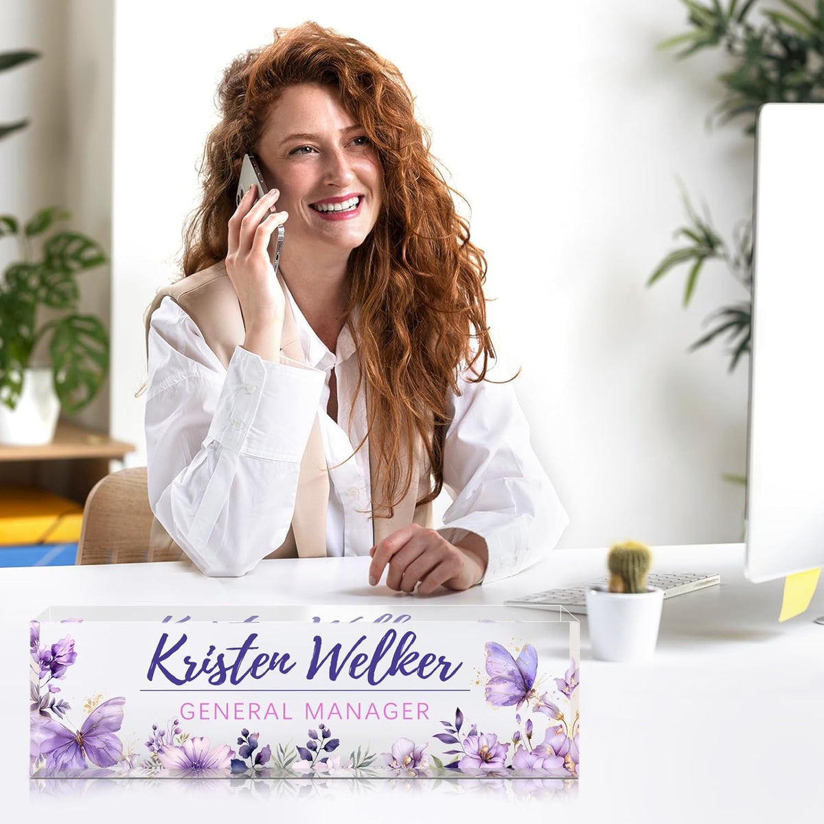 Custom Office Name Plate for Desk - Desk Name Plate Personalized Gifts for Coworkers, Boss, Employees, Teacher, Nurse - Office Desk Decor for Women Men - Employee Appreciation Gifts (Purple Garden)
