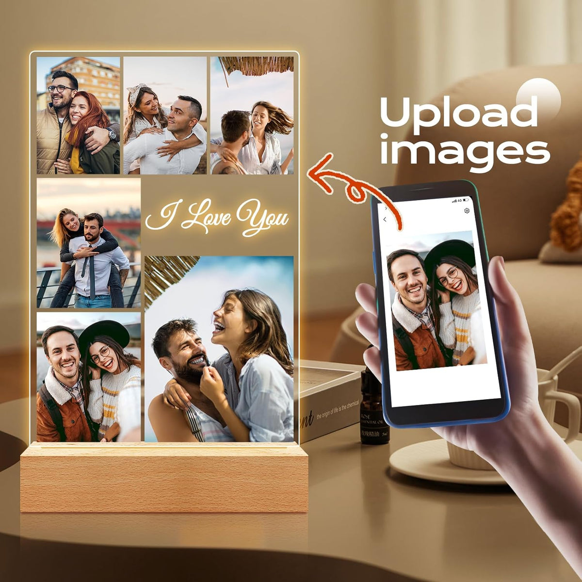 Custom Picture Frames, Personalized Photo Frame with Night Light, Customized Photo Frame, Personalized Anniversary Birthday Gifts for Women Men Him Her Couple