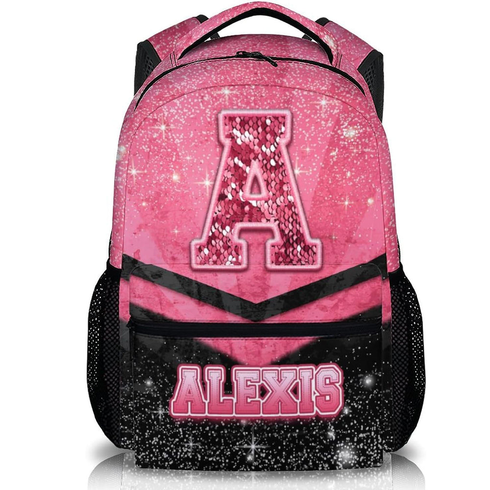 Custom School Backpack for Girls- Personalized Glitter Initial Name Backpack for Kids Kindergarten Preschool Primary - Black & Pink Student Cheerleader Bookbag for Travel Work School