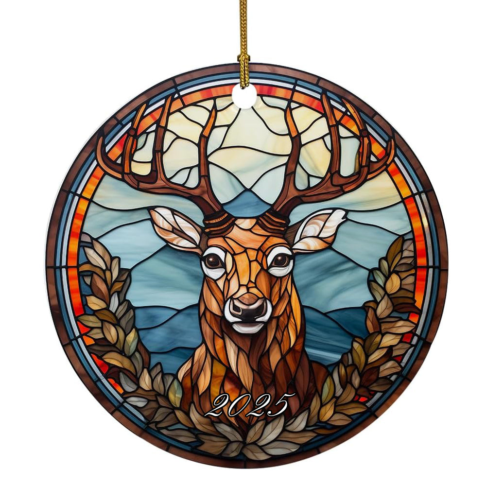 Christmas Ceramic Christmas Ornament - Stained Glass Themed Reindeer Design - Gift for Reindeer Lover