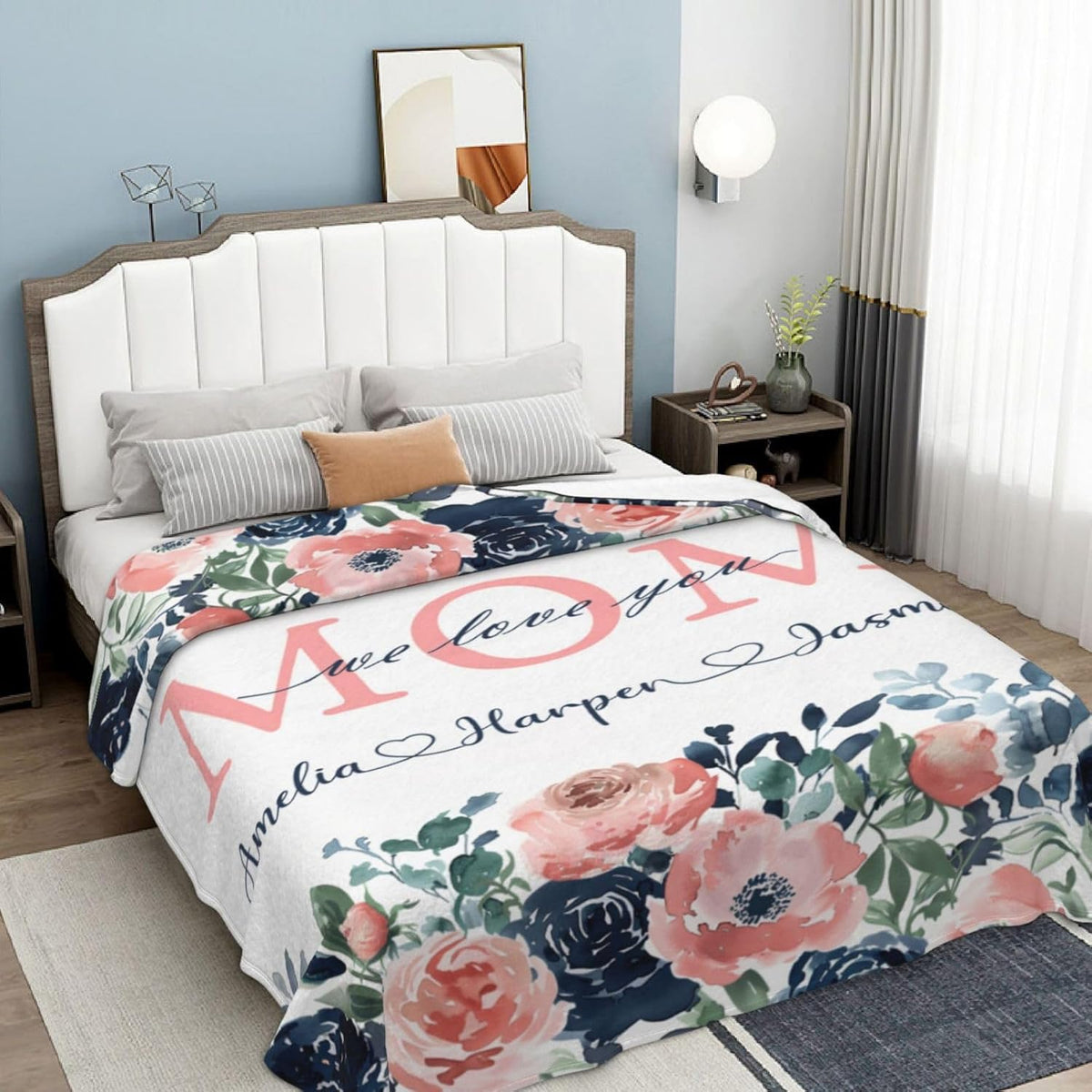 Mothers Day Birthday Gifts for Mom Personalized Blanket with Name for Grandma Mom's Garden Birthday Gift for Grandmother Mom Nana Gigi Mimi Mommy (Blue)