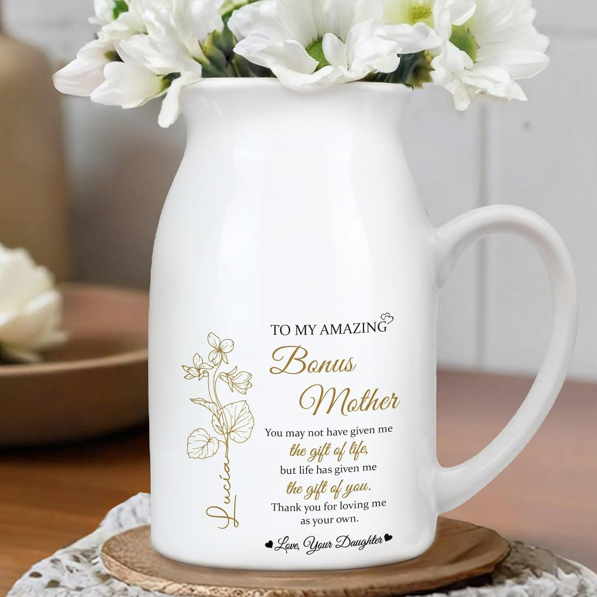 Personalized to My Amazing Bonus Mother Ceramic Flower Vase for Women Stepmoms Bonus Moms Custom Birth Month Flowers and Sentimental Text Vase Perfect Idea for Her On Mother's Day Ideal Home Decor