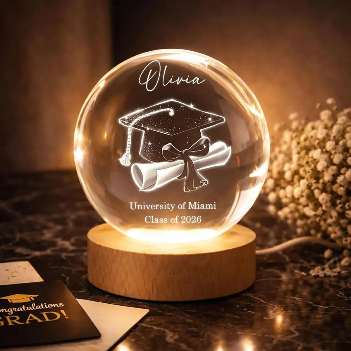 Personalized Graduation Crystal Ball LED Night Light Custom Senior Illusion Graduation Cap Lamp, Congrats Class of 2026 2027 Graduation Gift for Women Men Daughter Son Grandkids