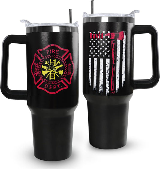 Firefighter Gifts for Men,40 oz American Flag Tumbler with Handle Lid and Straw Stainless Steel Cups Mug, Firefighter Stuff Supplies Accessories
