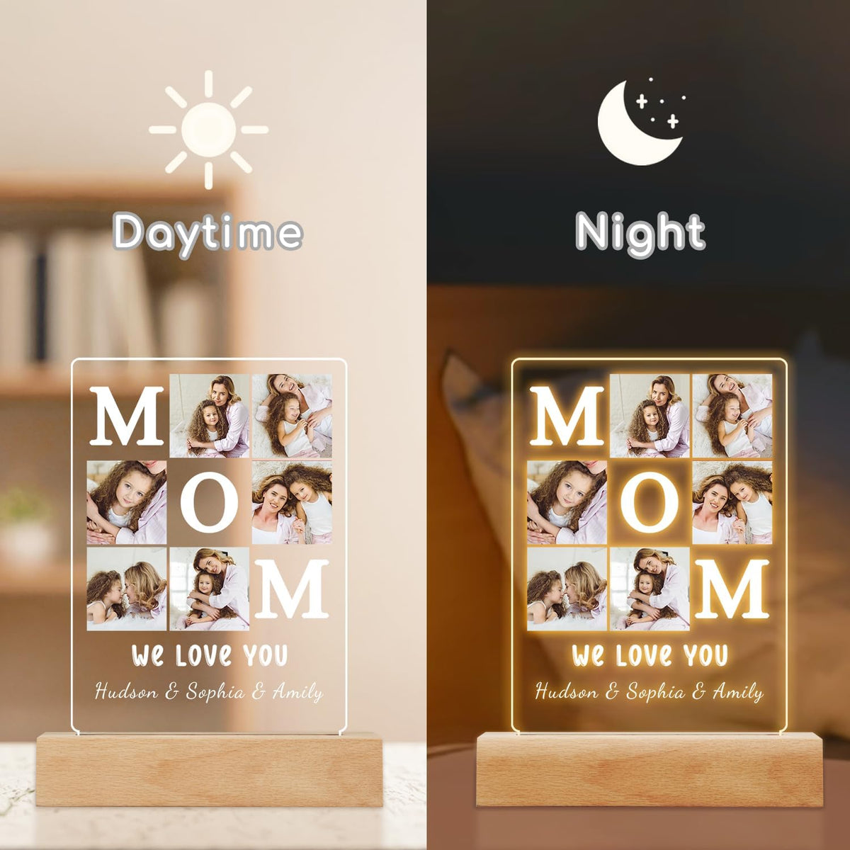 Personalized MOM Picture Frames with Night Light, Mothers Day Birthday Gifts for Mom From Daughter Son, Custom Photo Plaque with Kids Name, Customized MAMA Birthday Gifts for Women