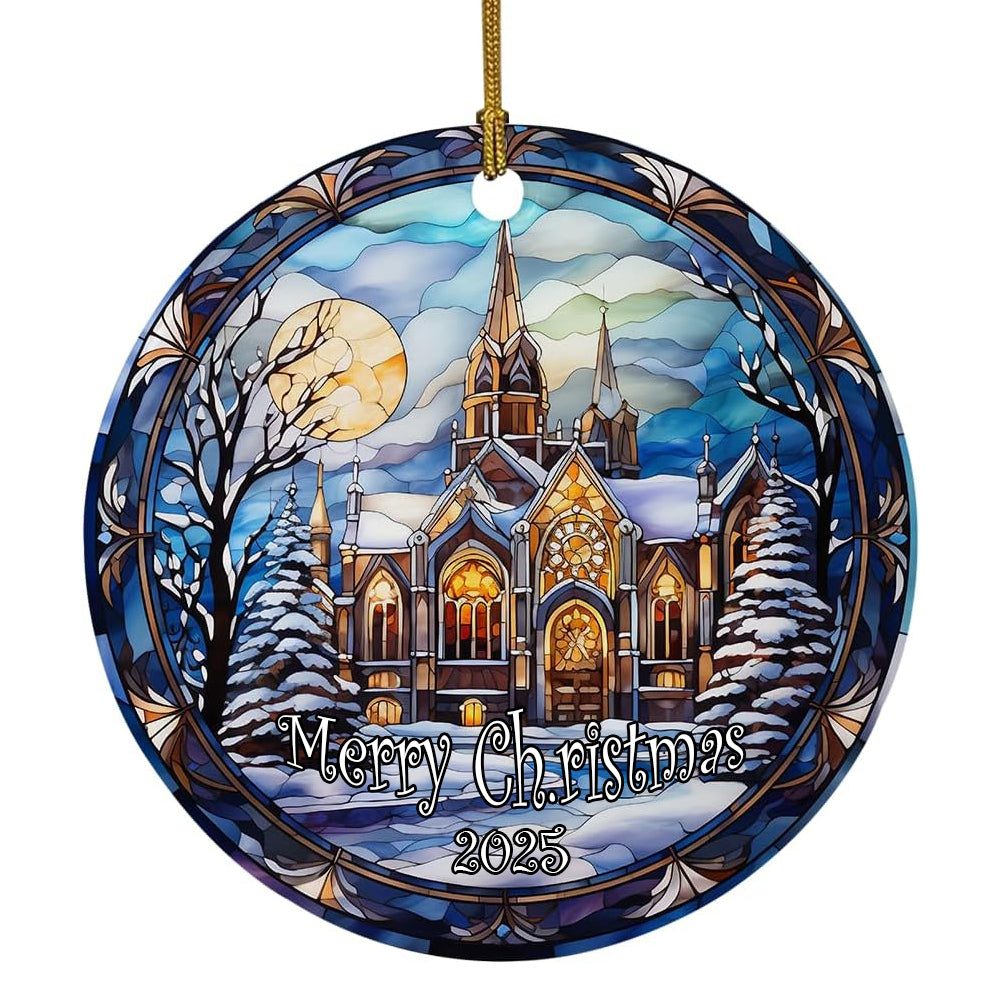 Elegant Castle Ornament, Ceramic Christmas Ornament, Christmas Tree Hanging Decors, Stained Glass Themed Ceramic Christmas Ornament