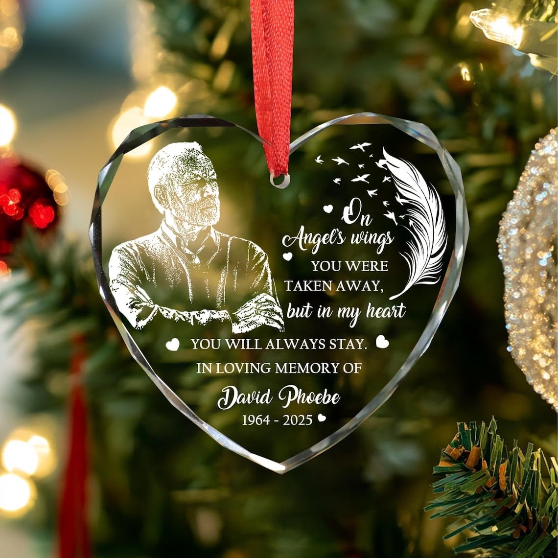 Personalized Memorial Glass Ornament, Engraved Photo Ornaments, Loss of Father, Dad Mom Loss Ornament, Remembrance Gift, Crystal Christmas Decor