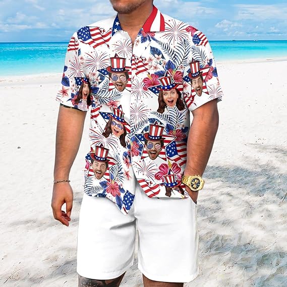 Custom Photo Patriotic Short Sleeve Hawaiian Shirt with Face, Personalized Photo Independence Day Hawaiian Shirt Funny 4th of July Mens and Womens, American Flag Shirts, Custom USA Shirts