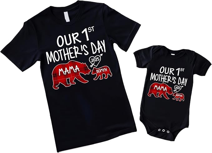 Mama Bear Plaid Pattern Personalized Our First Mothers Day Matching Shirts, Mom Baby Matching Outfits Mothers Day 2025